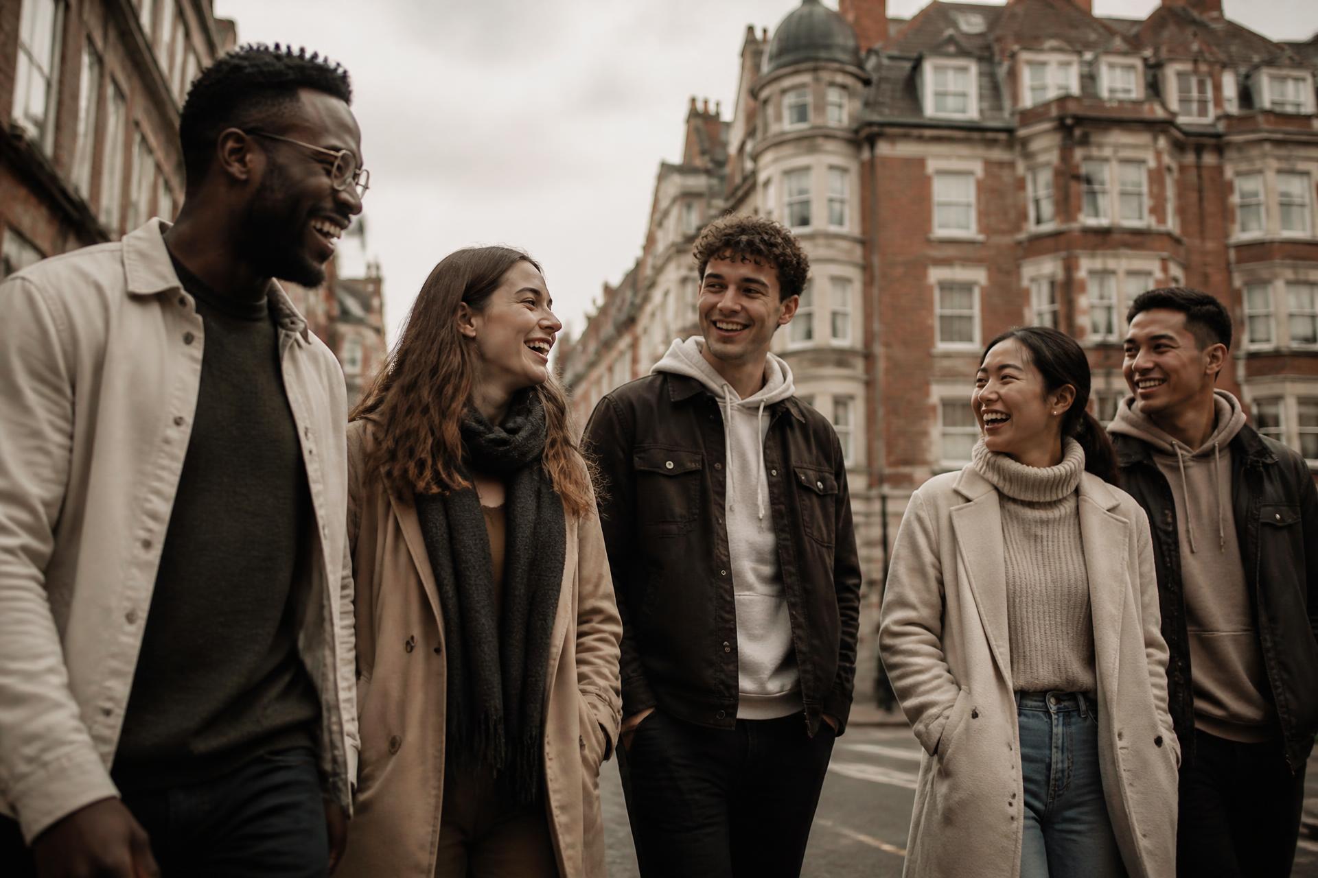 Friends talking together on a London street