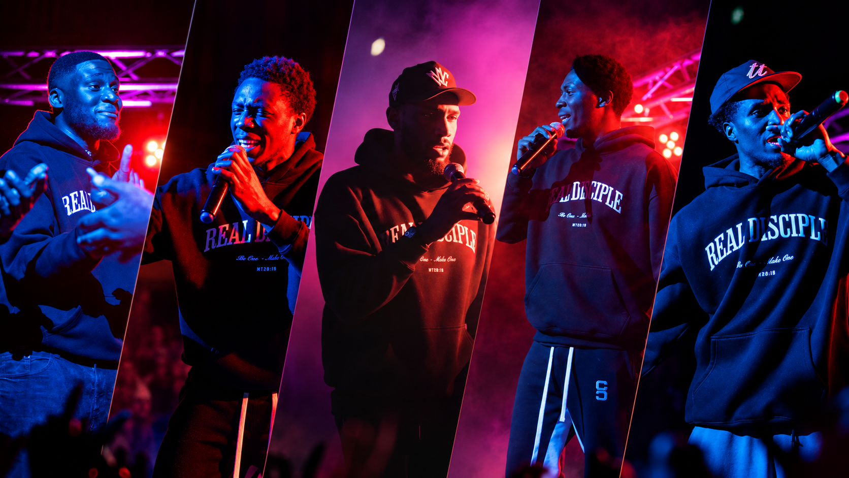 Real Disciple live performers in Real Disciple hoodies under red and blue stage lights