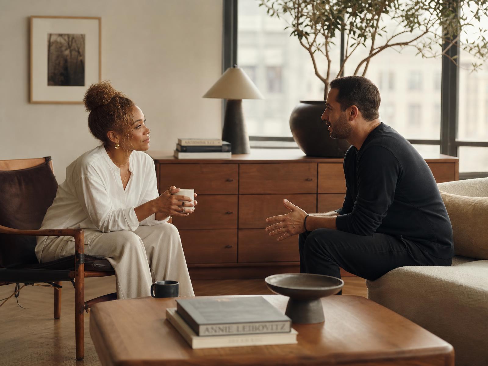 A couple talking together in a warm, minimalist mid-century modern interior