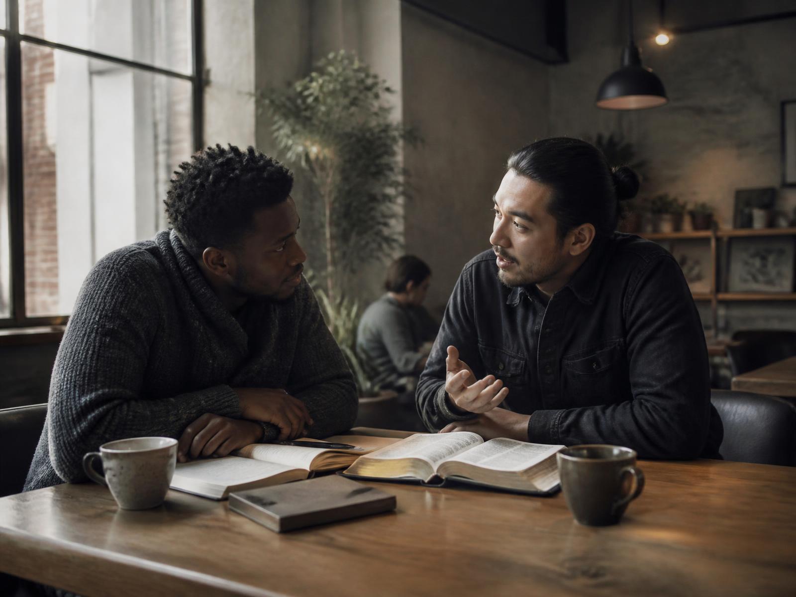 Two friends studying and talking together over coffee