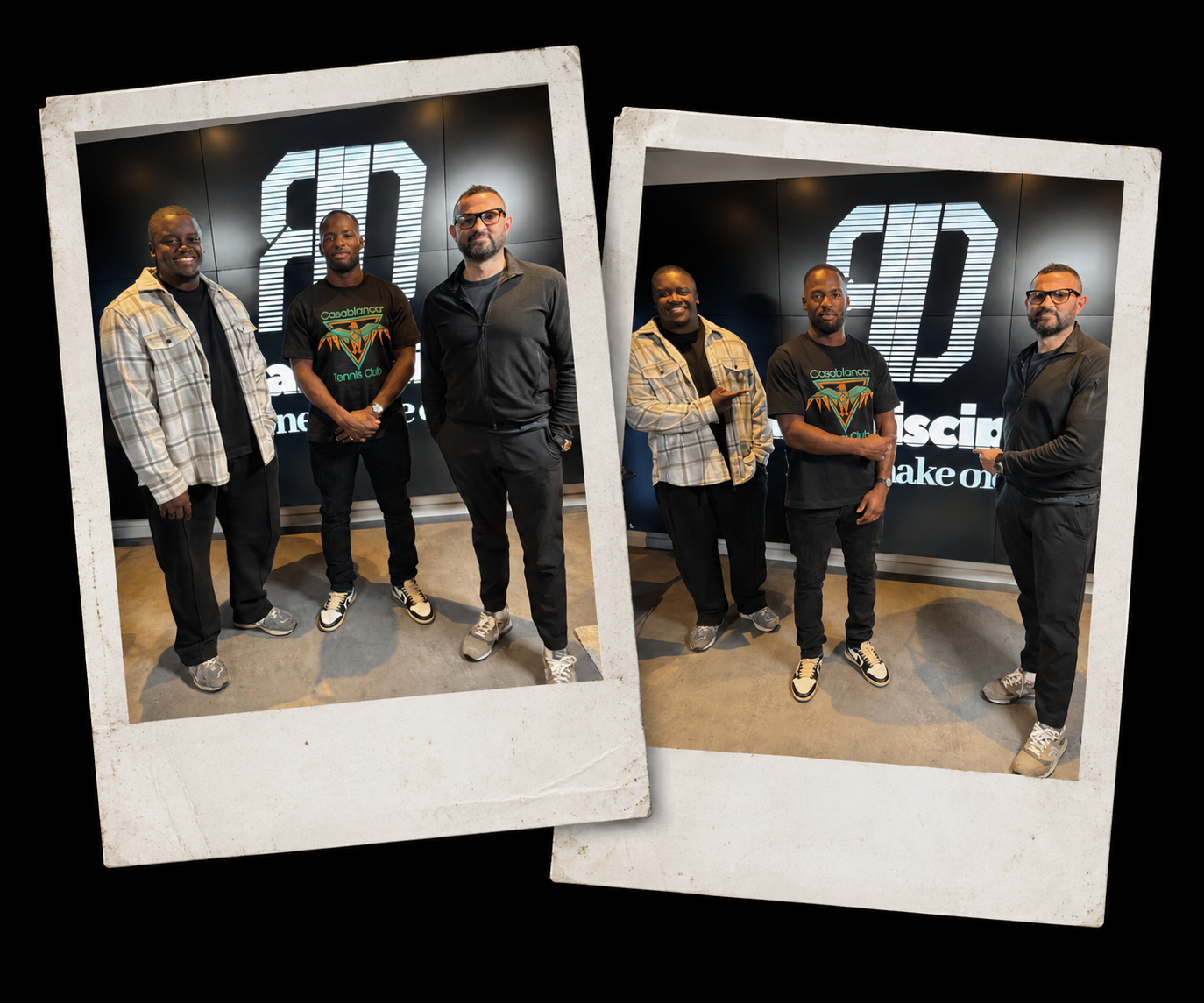Three Real Disciples hosts standing together in polaroid-style frames